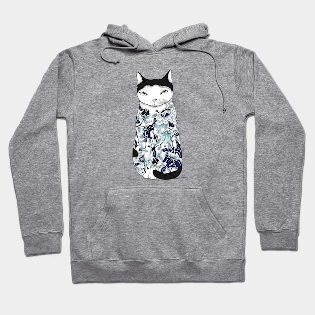 Cat in Blue Peony Tattoo Hoodie by runcatrun